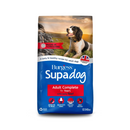 White background with a bag of Burgess Supadog Adult dry food. On the bag is a Springer Spaniel pictured in the countryside. Text on the bag reads 'Burgess SupaDog, Adult Complete, 1+ years with tasty beef'. 