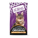 White background with a purple bag of Burns Adult Cat food. On the bag an adult brown tabby cat is pictured with text 'All Breeds, Indoor & Outdoor, Adult & Senior, Original, Chicken & Brown Rice' 