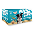 White background with a teal box of Burns Free Range Chicken Wet Dog Food made with Carrots & Brown Rice. Pictured on the box is a collie dog with illustrations of chicken pieces, carrots and a bowl of rice. 