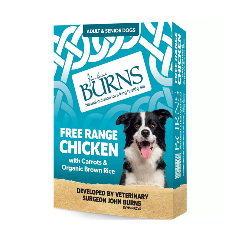 White background with a single teal packet of Burns Free Range Chicken Wet Dog Food made with Carrots & Brown Rice. Pictured on the box is a collie dog. 