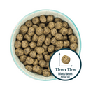 White background with a blue and white bowl of dry dog food and a circle with a close up picture of a single kibble with the size displayed beneath '1.1cm x 1.1cm, width/depth, average size'. 