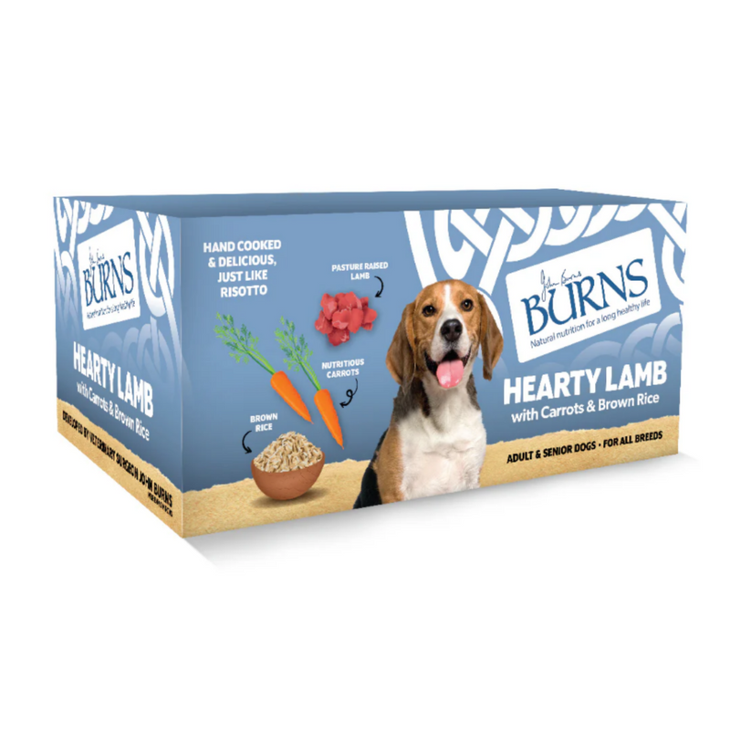 White background with a blue box of Burns Hearty Lamb Wet Dog Food made with Carrots & Brown Rice. Pictured on the box is a beagle dog with illustrations of lamb pieces, carrots and a bowl of rice. 