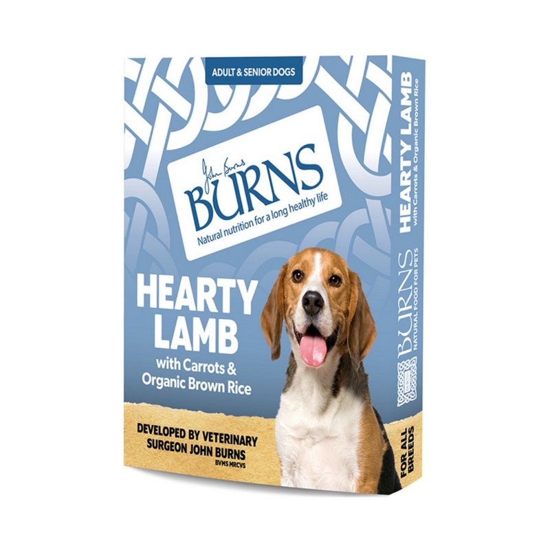 White background with a single packet of Burns Hearty Lamb Wet Dog Food made with Carrots & Brown Rice. Pictured on the box is a Beagle dog. 