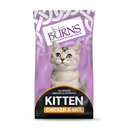 White background with a purple bag of Burns Kitten food. On the bag a silver tabby kitten is pictured with text 'All Breeds, Indoor & Outdoor, Kitten, Chicken & Rice' 