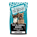 White background with a bag of Burns Small Breed Original Chicken dry dog food, pictured on the bag is a Yorkshire terrier and a Chihuahua below is text 'Toy & Small Breed, Original Chicken & Rice, Adult/Senior Dogs'.