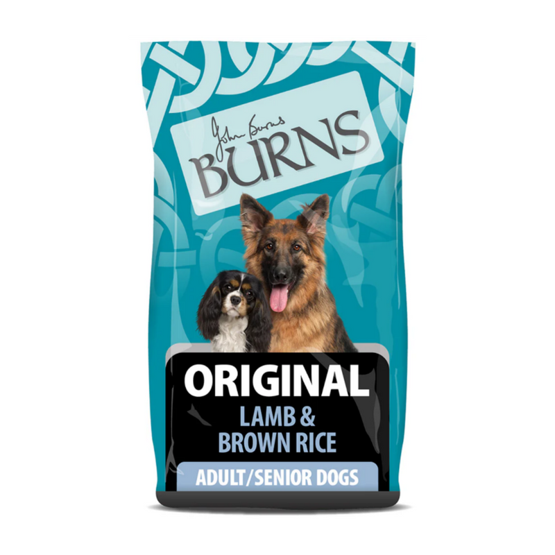 White background with a bag of Burns Original Chicken dry dog food, pictured on the bag is a German Shepherd and a Cavalier King Charles Spaniel below is text 'Original Lamb & Brown Rice, Adult/Senior Dogs'.