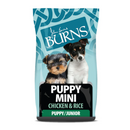 White background with a bag of Burns Small Breed Chicken dry Puppy food, pictured on the bag is a Yorkshire terrier and a Jack Russel Puppy below is text 'Puppy Mini, Chicken & Rice, Puppy/Junior'.