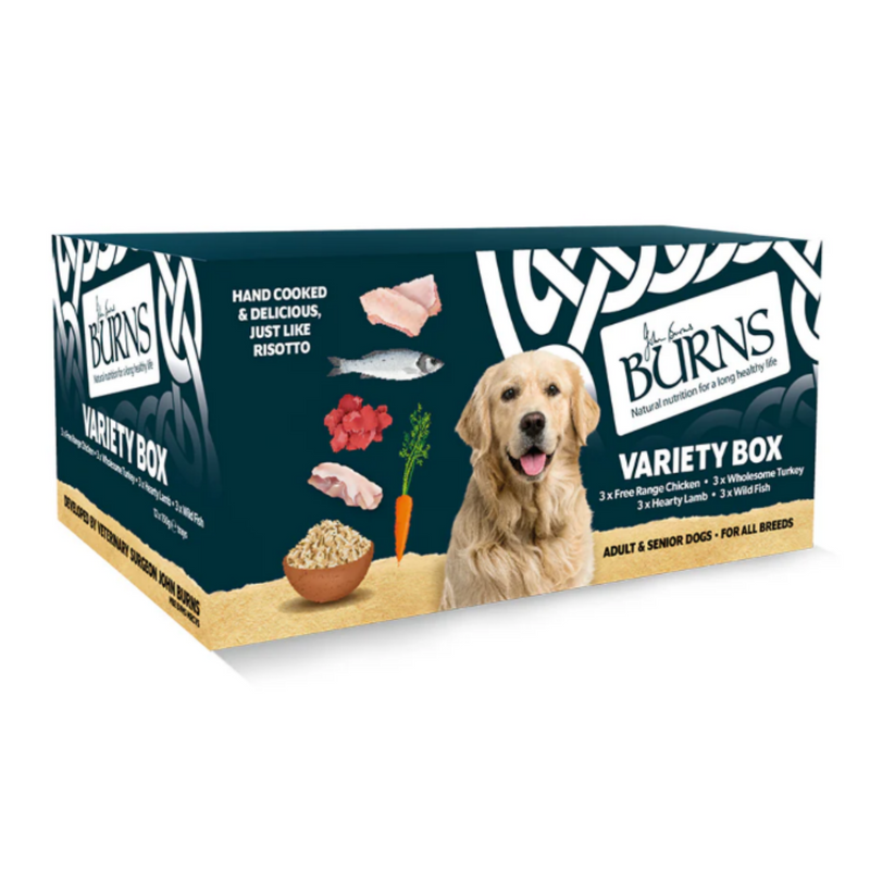 White background with a dark blue box of Burns Variety Box Wet Dog Food made with Carrots & Brown Rice. Pictured on the box is a Golden Retriever dog with illustrations of chicken pieces, fish, red meat, carrots and a bowl of rice. 