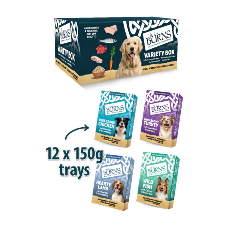 White background with a dark blue box of Burns Variety Box Wet Dog Food made with Carrots & Brown Rice. Pictured on the box is a Golden Retriever dog with illustrations of chicken pieces, fish, red meat, carrots and a bowl of rice. Next to the box is an four packets with an arrow pointed at it, with text '12x150g trays'. 