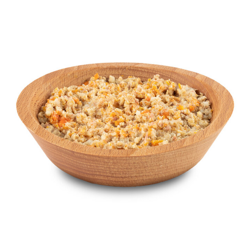 White background with a wooden bowl of Burns wet dog food. 