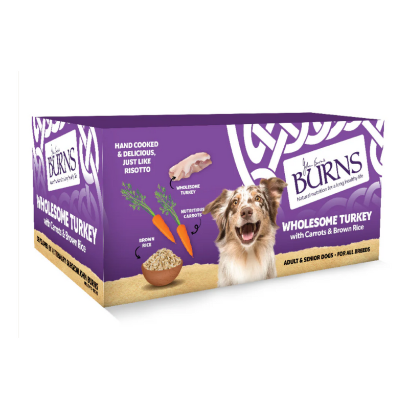 White background with a purple box of Burns Wholesome Turkey Wet Dog Food made with Carrots & Brown Rice. Pictured on the box is a marl collie dog with illustrations of chicken pieces, carrots and a bowl of rice. 