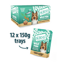 White background with a purple box of Burns Wild Fish Wet Dog Food made with Carrots & Brown Rice. Pictured on the box is a Sheltie dog with illustrations of a fish, carrots and a bowl of rice. Next to the box is an individual packet with an arrow pointed at it, with text '12x150g trays'. 