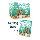 White background with a purple box of Burns Wild Fish Wet Dog Food made with Carrots & Brown Rice. Pictured on the box is a Sheltie dog with illustrations of a fish, carrots and a bowl of rice. Next to the box is an individual packet with an arrow pointed at it, with text '6x395g trays'. 