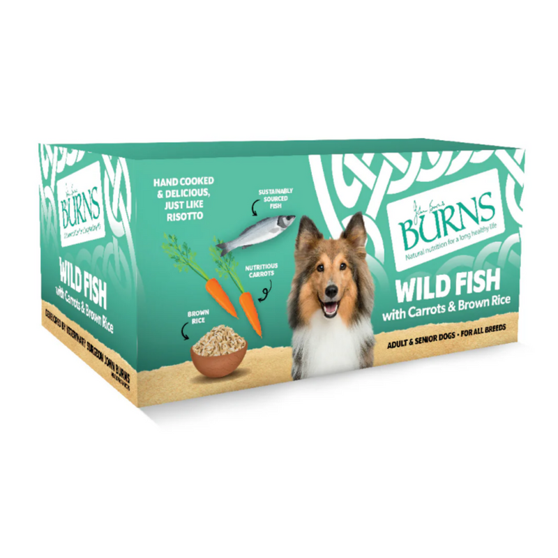 White background with a purple box of Burns Wild Fish Wet Dog Food made with Carrots & Brown Rice. Pictured on the box is a Sheltie dog with illustrations of a fish, carrots and a bowl of rice. 