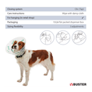 White background with a brown and white collie type dog wearing a Elizabethan style plastic recovery collar, with a guide about how to fit the recovery collar. 