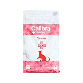 A 2 kg bag of Calibra+ Veterinary Diets Diabetes cat food, featuring a white and pink design with a red cat silhouette and cross logo.