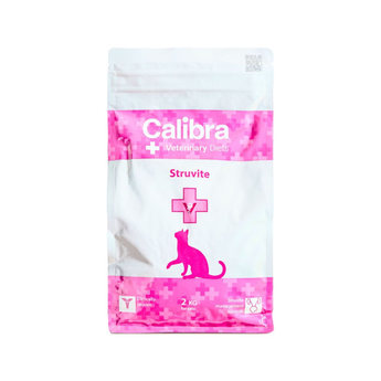 A 2 kg bag of Calibra Veterinary Diets Struvite cat food, featuring a white and pink packaging design with a cat silhouette.