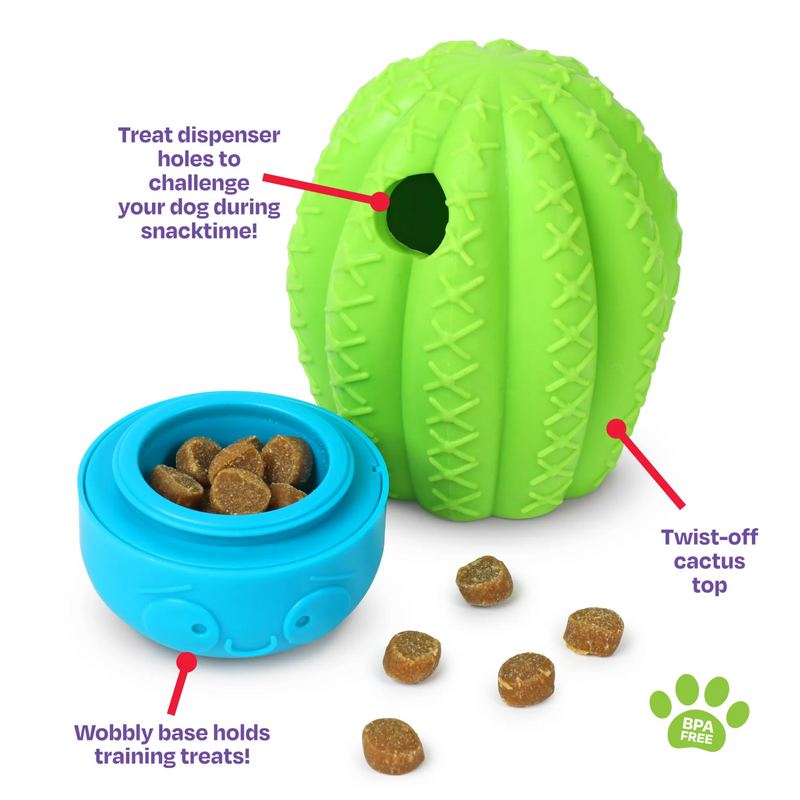 Cactus shape treat dispenser with a green top with hole in the top and a blue pot base opened to show treats inside on a white background. Three text parts saying 'Treat dispenser holes to challenge your dog during snacktime!', 'Twist-off cactus top' and 'Wobbly base holds training treats!'. Green pawprint in the bottom right corner with text 'BPA free'.