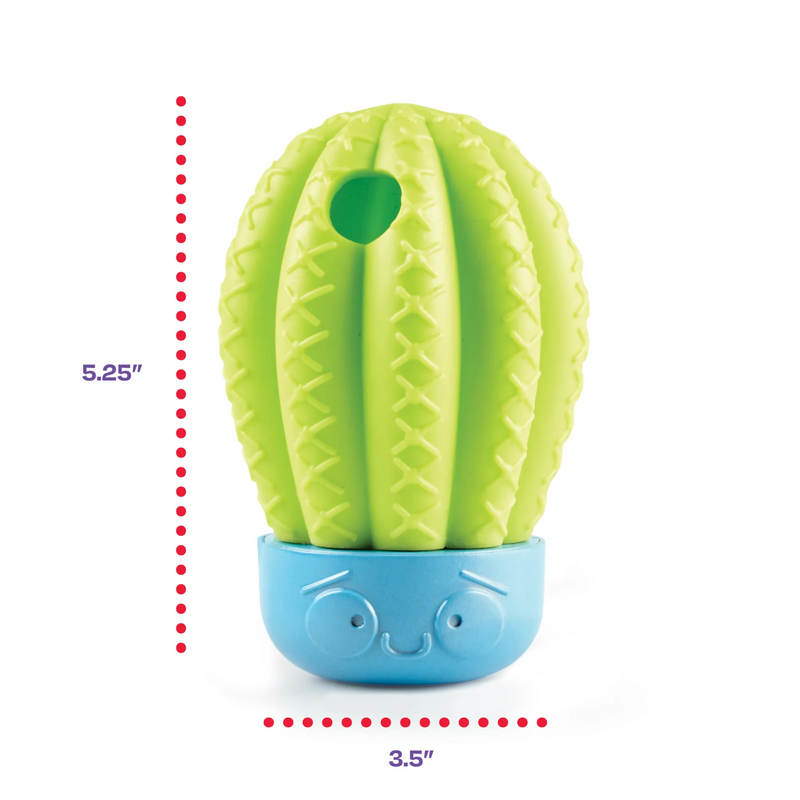Cactus shape treat dispenser with a green top with hole in the top and a blue pot base on a white background with 5.25" written on the left and 3.5" written underneath. 