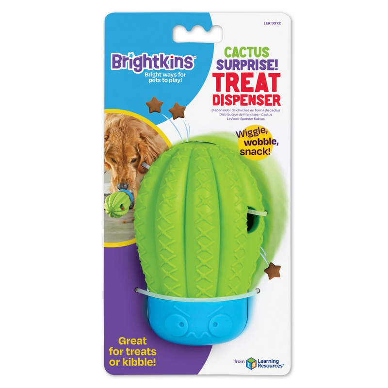 Cactus shape treat dispenser with a green top with hole in the top and a blue pot base back on packaging on a white background. 