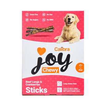 Calibra Joy Chewy Beef Lungs & Cranberry Stick dog treats packaging box, featuring a golden retriever and a bone graphic on a white and pink background.