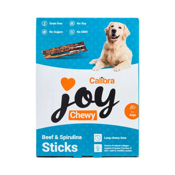 A box of Calibra Joy Chewy Beef & Spirulina Sticks for dogs, featuring a golden retriever on the packaging against a white background.