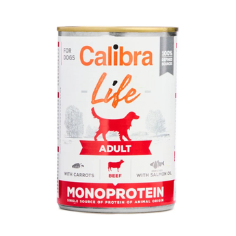 A can of Calibra Life Adult dog food by Monoprotein, featuring a white label with orange and red text and graphics of a dog silhouette, on a white background.