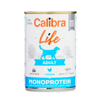 A can of Calibra Life Adult Monoprotein dog food, featuring a white label with orange and blue text and graphics, set against a plain white background.