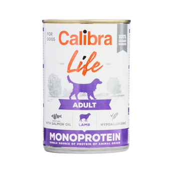 A can of Calibra Life Adult Monoprotein dog food on a plain white background. The can features a white label with purple and orange text, a purple dog silhouette, and icons indicating salmon oil, lamb, and hypoallergenic ingredients.