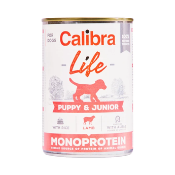 A can of Calibra Life Puppy & Junior Monoprotein dog food on a plain white background.