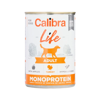 A can of Calibra Life Adult dog food, Monoprotein variety, featuring a white label with orange text and graphics of a dog and apples on a plain white background.