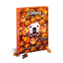 White background with a Orange Calibra Dog Advent Calendar with a yellow Labrador pictured amongst a pile of orange baubles. Text on the calendar says 'Calibra, For true PetLovers',  'Because we love them!' and 'Calibra Advent Calendar for Dogs 2025'. In the foreground is three piles of treats showing what's inside. 