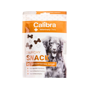 Calibra Veterinary Diets Crunchy Snack dog treats packaging, featuring an orange and white design with a dog's face on the front and bone graphics.