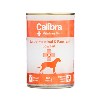 A 400g can of Calibra Veterinary Diets Gastrointestinal & Pancreas Low Fat dog food, featuring an orange and white label with an orange dog silhouette.