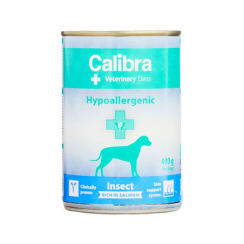 A can of Calibra Hypoallergenic dog food, Rich in Salmon flavor, featuring a white and teal label with a dog silhouette and medical cross icon.