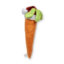 White background with a back view of a plush toy carrot with a red Santa hat. 