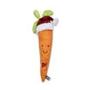 White background with a front view of a plush toy carrot with a red Santa hat and stitched eyes and smile. 