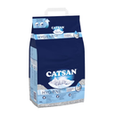 White background with a 20 litre bag of Catsan hygiene plus Cat Litter with a sleeping white kitten pictured on the bag. 