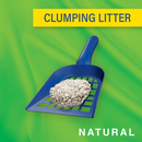 Green background with a picture of a pile of Catsan Natural Cat Litter in a blue litter scoop. Text on the picture says 'Clumping Litter' and 'Natural'.  