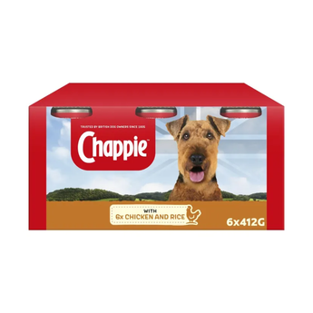 Chappie dog food packaging, featuring a red and brown box with a photo of an Airedale Terrier and text indicating 'with 6x Chicken and Rice' and '6x412G'.