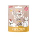 White background with a packet of Rosewood Cupid and Comet festive treats Cheese Sticks, pictured on the packet is two illustrated cats and text at the bottom 'Chees sticks made with real Cheese'. 
