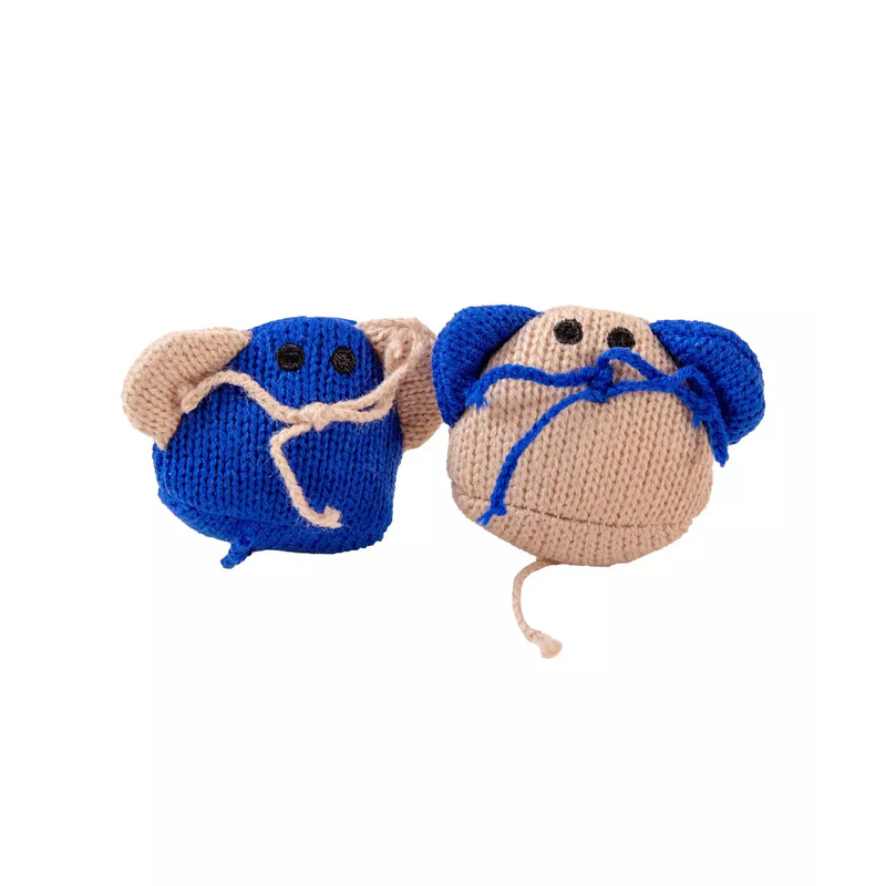 White background with two ball-shaped mouse toys, one is blue with brown ears and whiskers, the other is brown with blue ears and whiskers. 