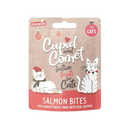 White background with a packet of Rosewood Cupid and Comet festive treats Salmon Bites, pictured on the packet is two illustrated cats and text at the bottom 'Fish shaped treats made with real salmon'. 