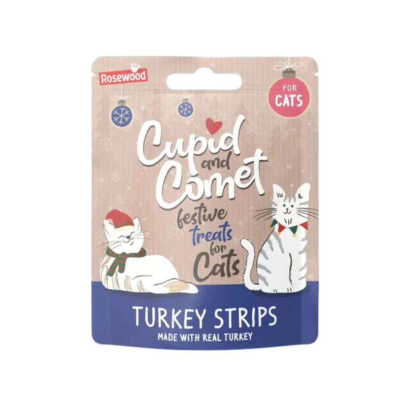 White background with a packet of Rosewood Cupid and Comet festive treats Turkey Bites, pictured on the packet is two illustrated cats and text at the bottom 'Turkey Strips made with real Turkey'. 