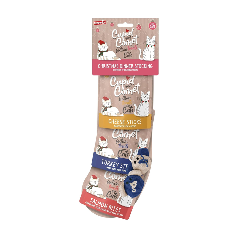 White background with a cardboard stocking shaped packaging with three packs of cat treats and two toy ball-shaped mice attached. 