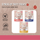 Festive background with three different packs of treats shown in a white box. With text 'Made with real meat' and 'made with real cheese'. Red banner at the bottom. 