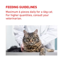 A tabby cat is pictured on a vet table with a vet examining the cat. Above is red text on a white background 'Feeding Guidelines - Maximum 6 pieces daily for a 4kg cat. For higher quantities, consult your veterinarian'. 