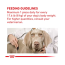 A Weimaraner dog is pictured on a vet table with a vet examining the cat. Above is red text on a white background 'Feeding Guidelines - Maximum 1 piece daily for every 8kg of your dog's body weight. For higher quantities, consult your veterinarian'. 