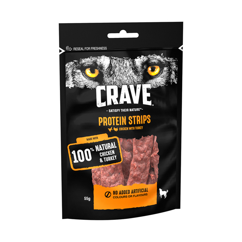 White background with a packet of Crave Protein Strips pictured. There is a picture of wolf eyes at the top of the packet with 'Crave' written below. Other text on the packet reads 'Protein Strips, 100% Natural Chicken & Turkey, No added artificial colours or flavours'. 