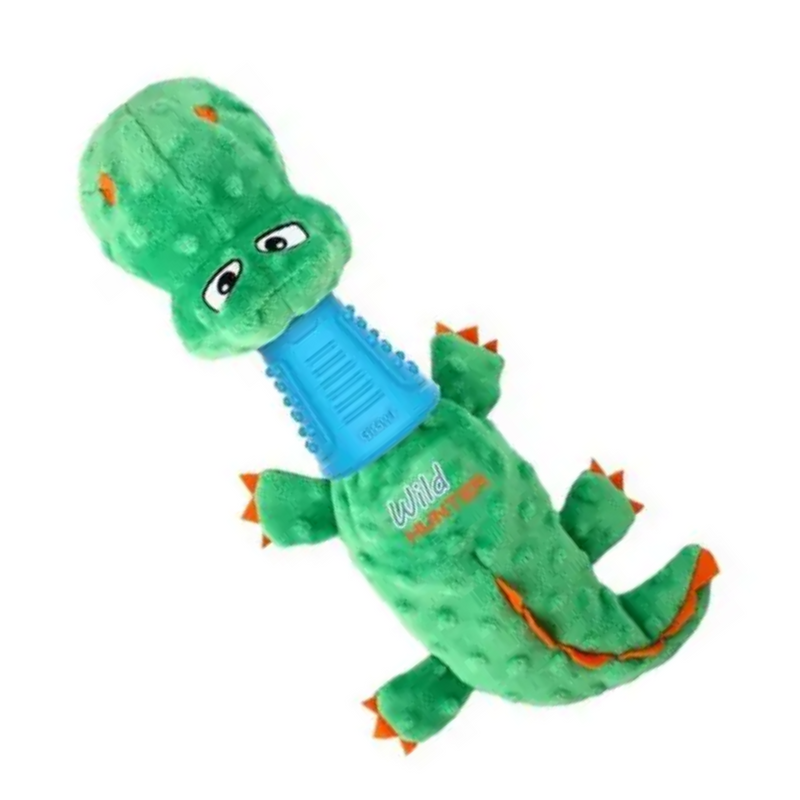 Green crocodile plush dog toy with blue rudder neck and orange spines and claws, pictured without packaging on a white background. 